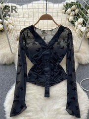 Bxoxo Butterfly Print Blouse Summer Long Sleeve V Neck Y2K 2024 Slim Vacation Ladies High Street Fashion Casual Shirt