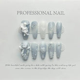 10Pcs Blue Handmade acrylic Nails Set Press on Professional Full Cover Nail Tips Manicure Angel Rose Design Wearable False Nails