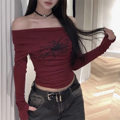 BXOXO Gothic Print Grunge T Shirt Women Long Sleeve Off Shoulder Y2k Vintage Tops Streetwear Korean Style Crop Top Autumn Winter