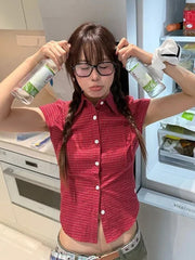 Bxoxo Pure Cotton Red Plaid Shirt Women Slim Sexy Cropped Short Sleeve Y2K Blouse Vintage American Streetwear Female Summer Tops