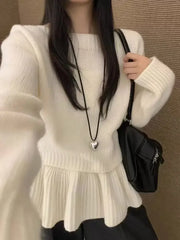Bxoxo Ruffles Patchwork Knitted Sweater Women Autumn Japanese Button Splicing Casual Pullover Female Solid Simpl All Match Knit Jumper