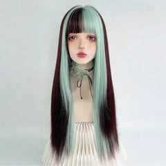BXOXO Women Synthetic Long Straight Green Brown Layered Ombre Mix Wig Lolita Cosplay Fluffy Hair Wig for Daily Party