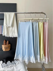 Bxoxo Elegant Satin Skirt Women French Style Lace Patchwork Long Skirts Fairycore Fashion Slim Up A-line Skirts Aesthetics