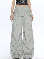 Bxoxo Stars Print Y2K Cargo Pant Women Vintage Streetwear Loose High Waist Design Trousers Hip Hop Retro American Casual Wide Leg Pant