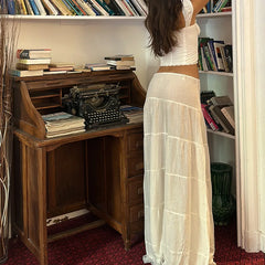 Bxoxo Lace Trim Front Tie Up Square Neck Crop Tops + French Low Waist Lace Hem Long Skirt Summer Vacation 2 Piece Dress Set