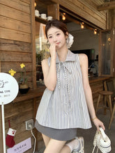 Bxoxo Vintage Striped Sleeveless Shirts Women Summer Loose Lapel Lace Up Blouse Y2K French Elegant Casual Female All Match Tops New