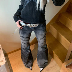 Bxoxo Y2k Washed Stripes Flared Jeans Women Harajuku Low Waist American Vintage Denim Pants Slim Gyaru Streetwear Trousers