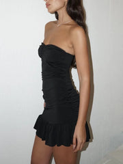 BXOXO Sexy Sleeveless Backless Pleated Ruffle Side Slim Fit Off-shoulder Mini Dress For Women Bodycon Strapless Party Dress