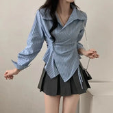 Bxoxo Striped Women Shirt Korean Version Design Irregular Waist Shirts Spring and Summer Preppy Style Long Sleeved Slimming Top
