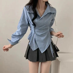 Bxoxo Striped Women Shirt Korean Version Design Irregular Waist Shirts Spring and Summer Preppy Style Long Sleeved Slimming Top