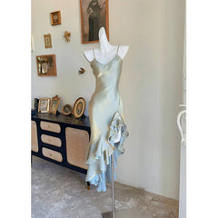 BXOXO Elegant Spaghetti Straps Sweetheart Vintage Grey Prom Dress with Irregular Ruffles Evening Birthday Party Dress Robe Soir