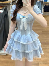 Bxoxo Summer Sweet Kawaii Blue Plaid Dress Woman Lolita Lace Y2k Mini Dress Short Party Elegant One Piece Dress Korean Fashion