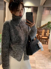 Bxoxo Women Zip Up Sweater High Neck Zipper Front Knit Cardigan Sweater Jacket Ladies Autumn Winter Korean Fashion Outfit
