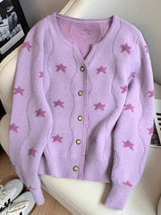 Bxoxo Stars Print Vintage Cardigan Women Casual Cute Long Sleeve Loose Knitted Sweater Korean Retro O Neck Female Purple Tops New