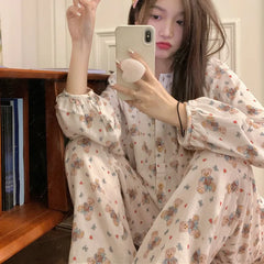 Bxoxo Women's Sweet Cute Pajamas Set Female Korean Style Home Clothing Girl Bear Foral Print Sleepwear Long Sleeve Pant Nightwear 2XL