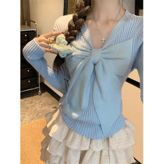 Bxoxo Korean Style Sweet Knitted Pullovers Women Elegant Kawaii Bow White Sweaters Harajuku Cute Blue Long Sleeve Jumpers
