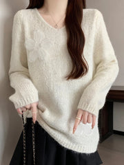 Bxoxo 3D Floral Sweet Sweaters Women Loose Fashion V Neck Elegant Knitted Jumper Casual Chic Korean Female Fall Winter Long Sleeve Top