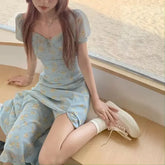 Bxoxo Blue Floral Print Summer Dress Women's High Slit Bubble Sleeve Long Dress Sweet Initial Feeling French Style Tea Break Dress