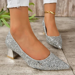 BXOXO Silver Glitter Thick Heels Pumps Women Luxury Pointed Toe Party Wedding Shoes Woman Plus Size 42 Shallow High Heels Pumps Ladies