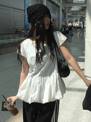 Bxoxo Korean Sle Summer Casual Pants Patchwork ort Sve Striped SEI Flower Bud Hem Lace Trim Loose Fit round Ne Top