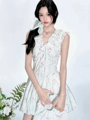 BXOXO Floral V Neck Sexy Dress Women Casual Elegant Sleeveless Mini Dress Vintage Lace Up Female Korean Summer Beach Style Dress