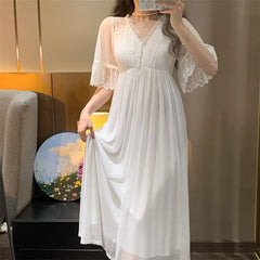 Bxoxo Female White Lace Long Nightgown Sleepwear Retro Palace Style Princess Nightdress Bath Robe Summer Loose Home Dress Nightwear