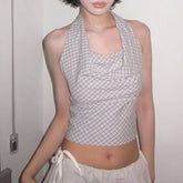 Bxoxo Summer Retro Plaid Print Halter Tank Top y2k Aesthetic Sleeveless Lace-up Backless Cropped Tops Women Vintage 2000s Vest