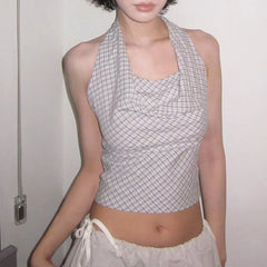 Bxoxo Summer Retro Plaid Print Halter Tank Top y2k Aesthetic Sleeveless Lace-up Backless Cropped Tops Women Vintage 2000s Vest