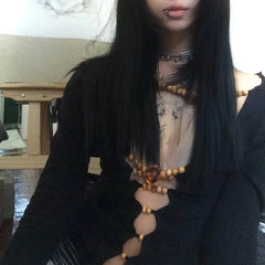 Bxoxo Japanese Y2k Hollow Out Tops Vintage Harajuku Beaded T Shirt 2000s Aesthetics Long Sleeve Slim T-shirts American Retro