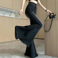 Bxoxo Y2K Vintage Raw Edge Flare Jeans Women Korean High Waist Slim Denim Pants Solid Hip Hop Streetwear All Match Wide Leg Trousers