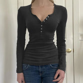 BXOXO Y2K Women Basic Crop Top Fairy Grunge Long Sleeve Button Slim Fit Brown Tee Harajuku Aesthetic T-shirt 2000s Vintage Streetwear