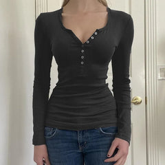 BXOXO Y2K Women Basic Crop Top Fairy Grunge Long Sleeve Button Slim Fit Brown Tee Harajuku Aesthetic T-shirt 2000s Vintage Streetwear