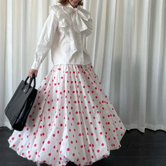 Bxoxo Vintage Sweet Long Skirt Women Elegant Red Polka Dot Maxi Skirts Japanese Style Harajuku High Waist Loose Ruffle Skirts