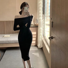 Bxoxo Sexy Slash Neck Midi Dress Women Fall Winter Streetwear Off Shoulder Club Slim Dress Y2K Fashion Long Sleeve Bottoming Vestidos