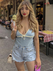 Bxoxo Knitted Deep V-neck Bow Women Crop Top Blue Patchwork Spaghetti Strap Tank Top Female Spring Slim Casual Streetwear 2024