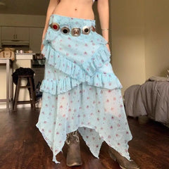 Bxoxo Vintage Floral Skirt Women Boho Mesh Y2k Ruffle Skirts Irregular Summer Fashion Layered Vacation Long Skirts Streetwear