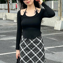 BXOXO Korean Fashion Pink Slim Halter T-shirt Female Basic Harajuku Bow Autumn Tee Shirts Cute Japanese Y2K Cropped Top New