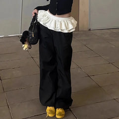 Bxoxo Y2k Black Vintage Women Skirt Pants Kawaii Patchwork Harajuku Korean Style Sweatpants Wide Leg Baggy Trousers Youthful