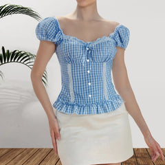 Bxoxo y2k Crop Top Women Summer Clothes Plaid Print Lace Patchwork Short Sleeve T Shirts 2000s Aesthetic Clothing Streetwear