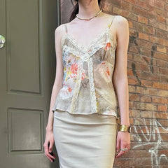 BXOXO Vintage Floral Print Strap Top Retro Y2k Lace Stitching V-neck Crop Tops Women Summer Casual Tees Aesthetic Harajuku Chic