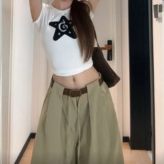 Bxoxo White Basic High Waist Wide Leg Women Pants Solid Color Korean Fashion Parachute Trousers Baggy Lace Up Youthful Summer