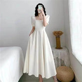 BXOXO Slim Fit Women White Dress Bubble Sleeve Square Neck Light Wind Style Long Skirt Summer Casual Korean Style