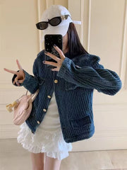 Bxoxo Vintage Stand Collar Denim Jacket Women Autumn Loose Streetwear Single Breasted Coats Y2K Korean Chic Long Sleeve Casual Outwear