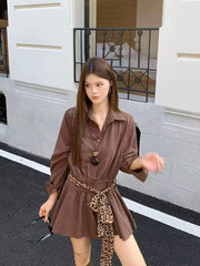 Bxoxo Autumn Lapel Shirt Mini Dress Women Fashion Streetwear Leopard Print Lace Up Dress Y2K Korean Elegant Long Sleeve Vestidos New