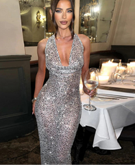 BXOXO Shiny Sequins Sexy Women Long Dress Stunning Halter Lace Up Swinging Neck Backless Sheath Vestidos Female Club Party Robe