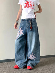 Bxoxo Y2K Star Patches Women Denim Pants Autumn Loose Streetwear Casual Wide Leg Jeans Bf American Hip Hop Punk Machete Trousers New