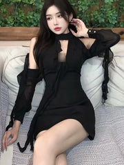 BXOXO Black Dresses Women Sexy Hollow Out Female Casual Temperament New Spring Off Shoulder Korean Style Solid Hotsweet Empire Fashion