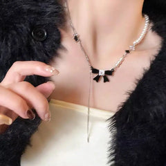 BXOXO New Korea Fashion Bowknot Beaded Imitated-Pearl Necklace for Women Girls Clavicle Chain Party Jewelry Birthday Gifts Handmade
