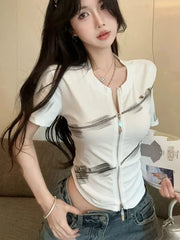 Bxoxo Harajuku Y2K T Shirt Women Slim Sexy Cropped Double Zipper Vintage Tees Streetwear Vintage American Casual O Neck Lady Tops