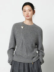 Bxoxo Streetwear Gray Sweaters Women Long Sleeve Vintage O Neck Love Zipper Knitted Cardigan Casual Retro Korean Female Tops Fall